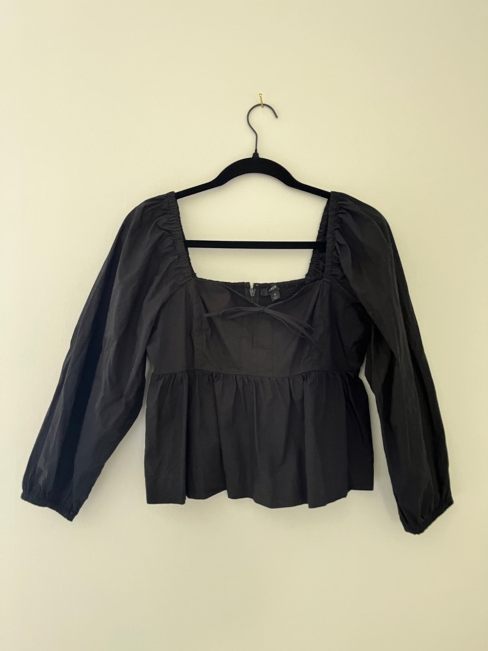 J. Crew Black Peplum Square-Neck Blouse with Puff Sleeves